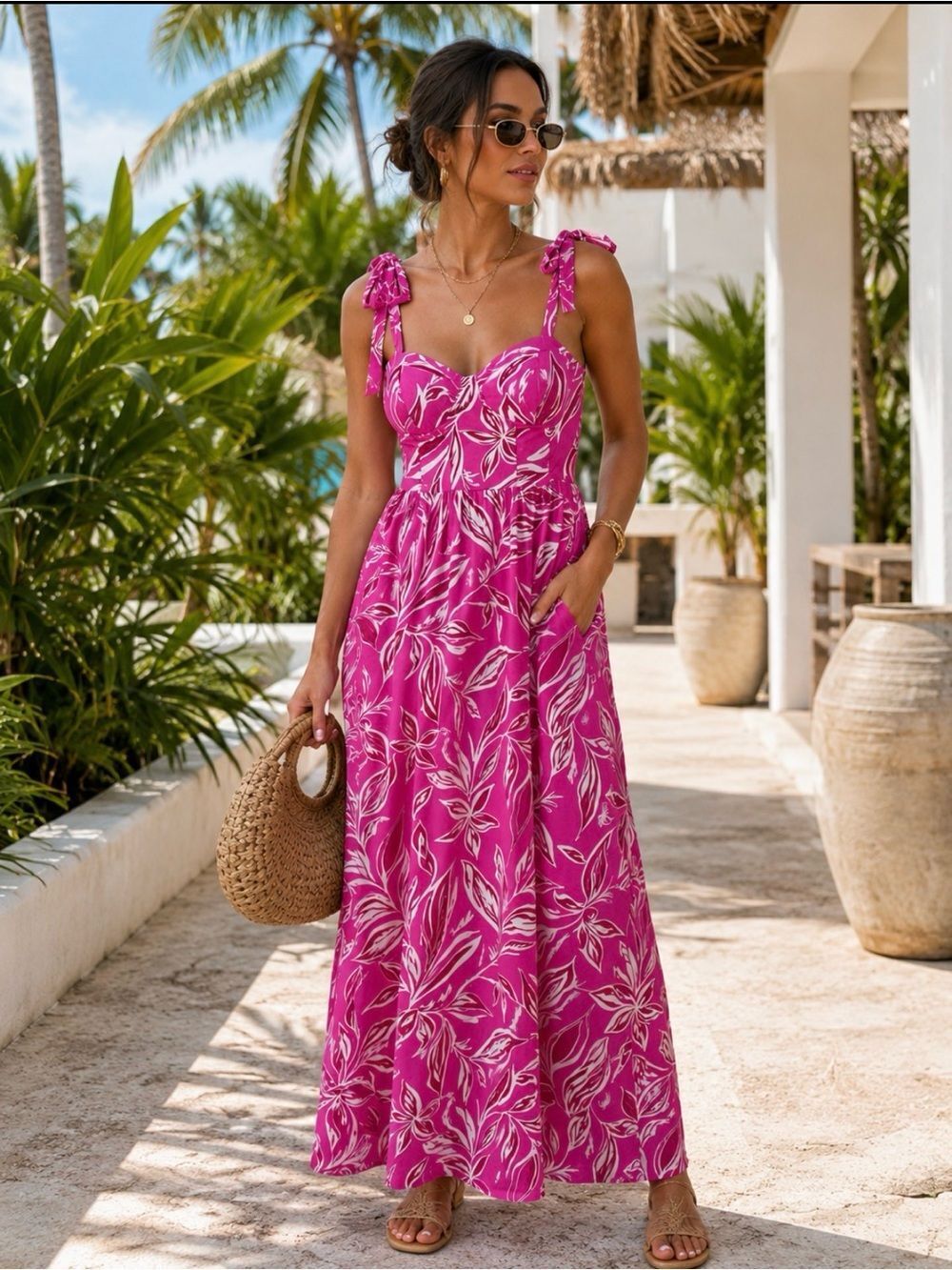 Band of the Free Boho Tropical Pink Leaf Print Hawaiian Maxi Floral Dress